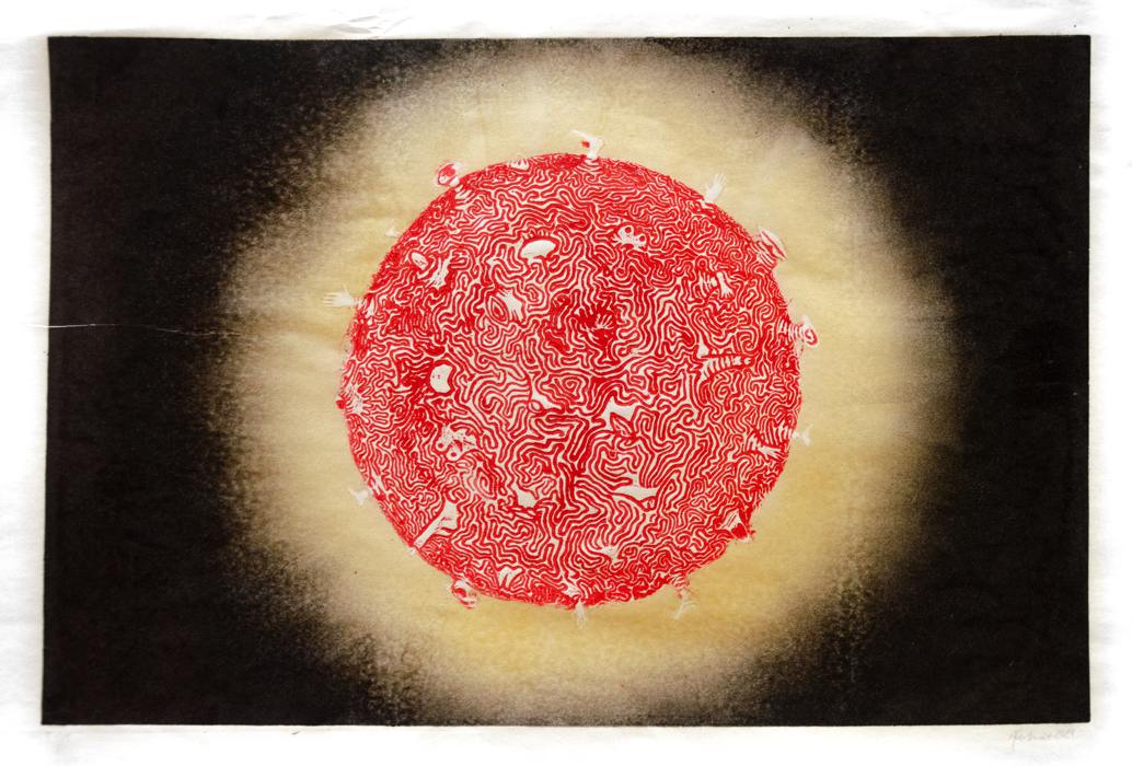 Linoleum cut printed and edited digitally.
